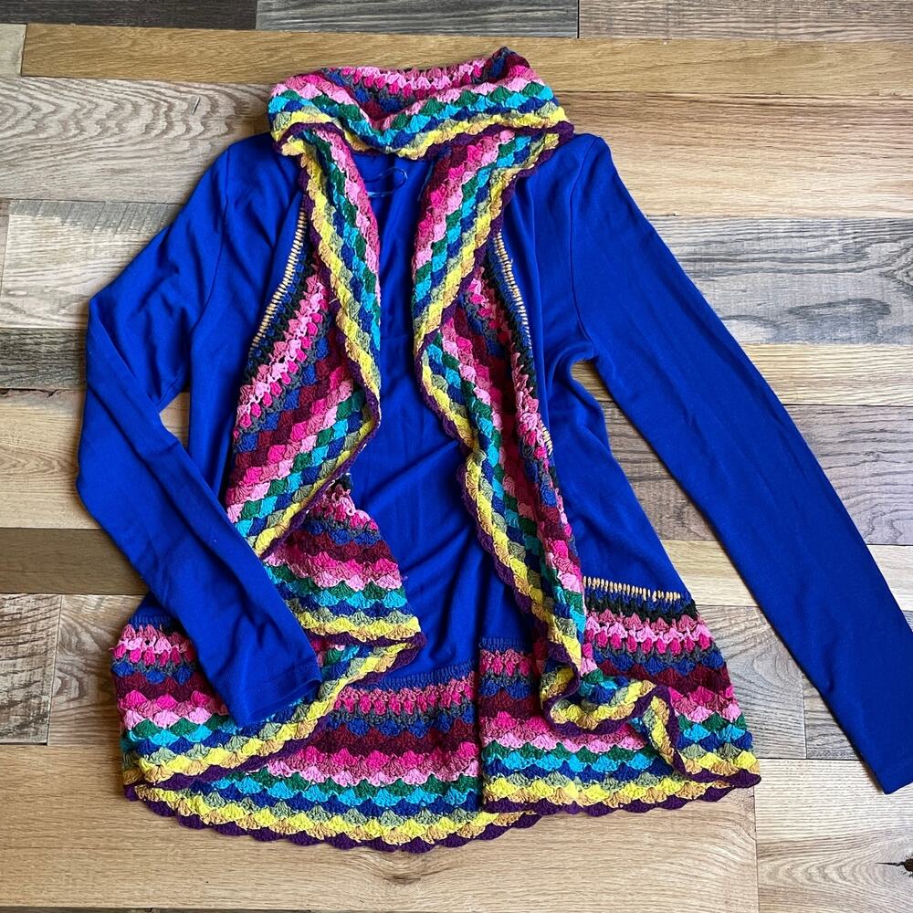 Double Zero Blue Crochet Trim Open Cardigan Sweater Size Small
